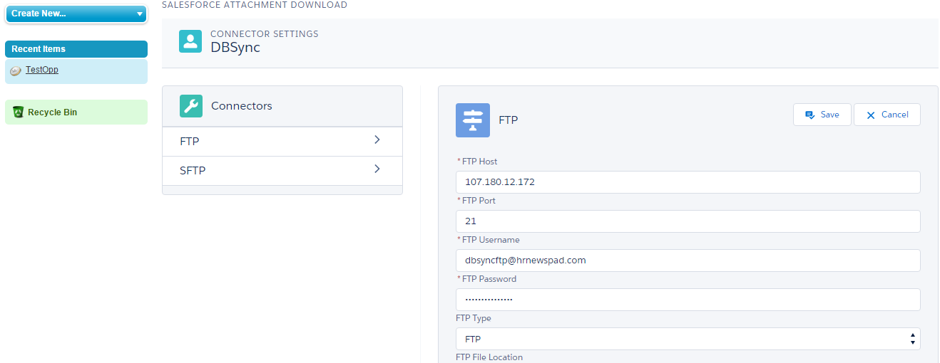 Setup the FTP connection parameters from DBSync Connector tab