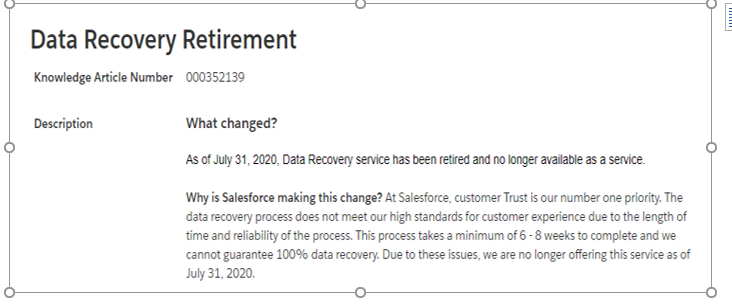 Salesforce no longer to provide data recovery